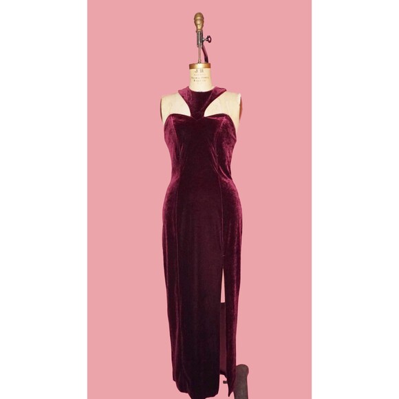 1990s POLY FASHION USA Velvet High SLIT Gown W/Cage Back & Statement Collar. S-M - Picture 2 of 10